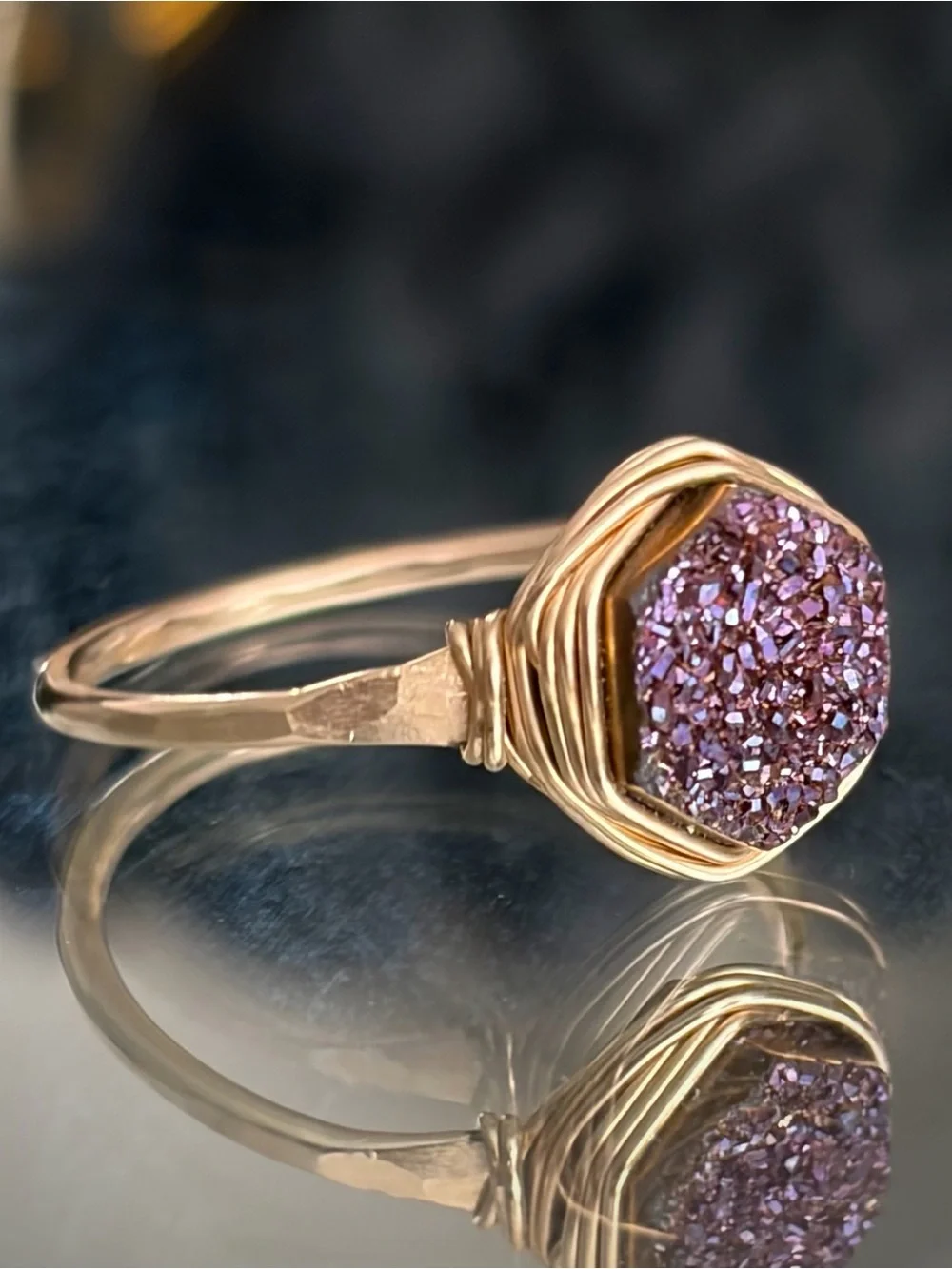 Rare: 14K Gold Fill Bezel Wrapped Hexagon Purple Druzy Ring, Size 7